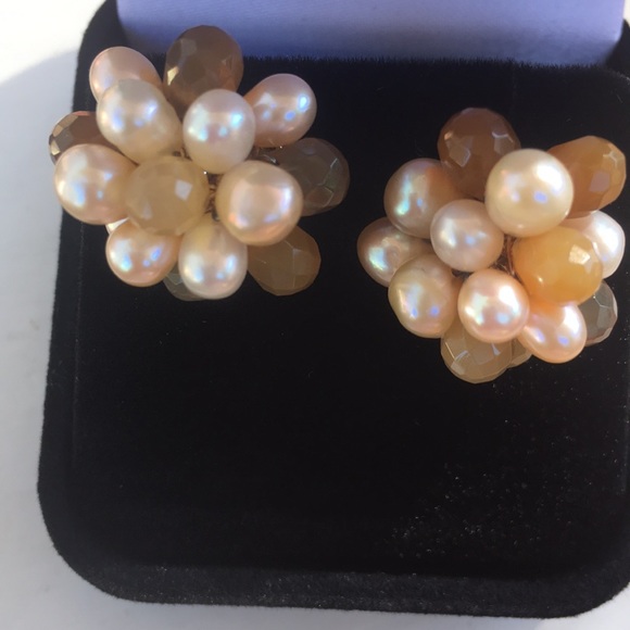 Jewelry - Cluster of Pearls and Brown Gemstones Earrings